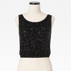 Flat White Sequin Cropped Tank Womens L‎ Black Stretch Polyester Party Sparkle